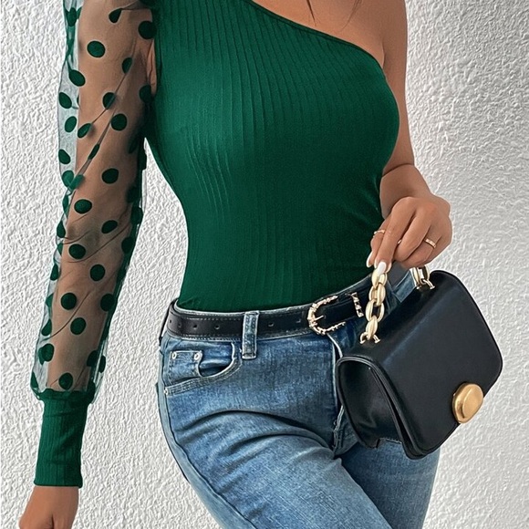 Emerald Green Polka Dot Mesh Blouse - Picture 5 of 6